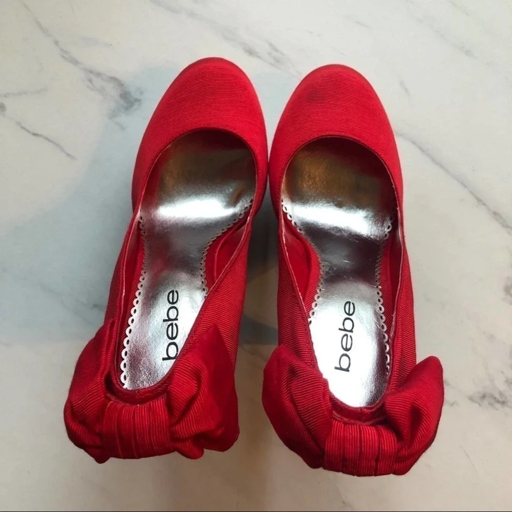 Bebe Stiletto High Heels Kahilia Ruby Red Size 8 Platform Cork Bow Formal
